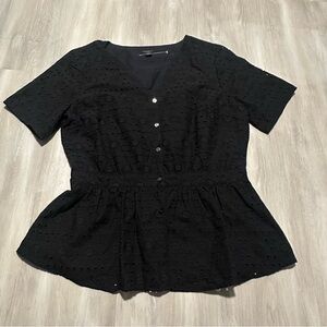 Ann Taylor Factory Black Eyelet Peplum Button Down Shirt Blouse Top Sz 4
